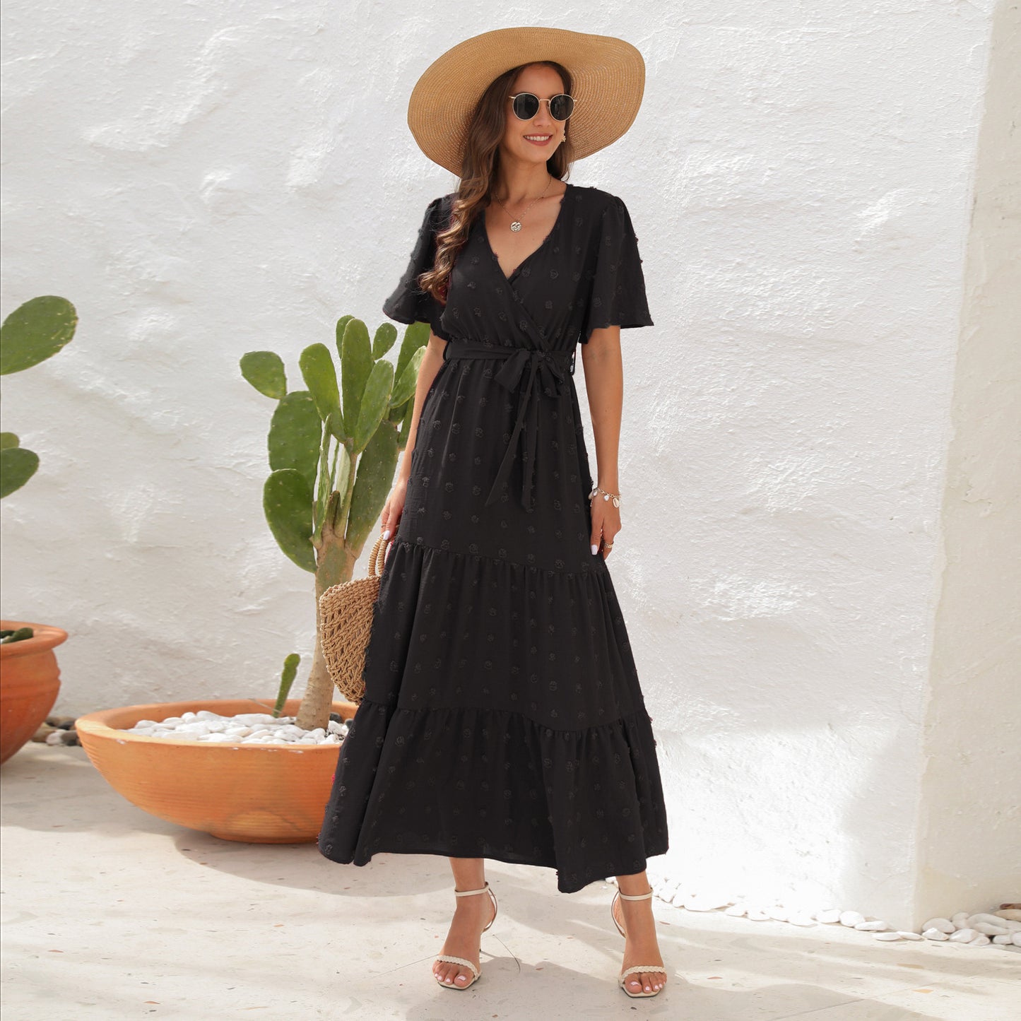 Robe d'été à manches courtes et col en V, design boule de fourrure, taille haute nouée, longue