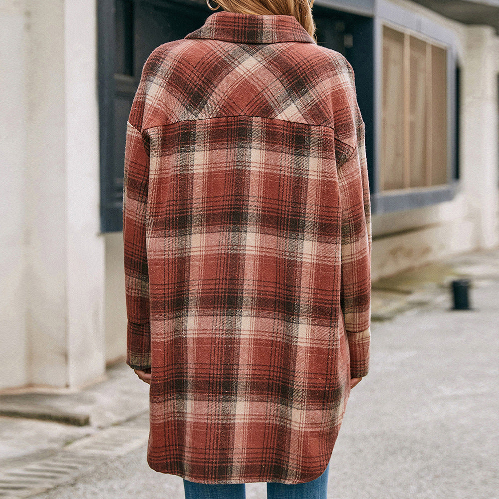 Single Breasted Plush Check Shirt Jacket Top Ladies