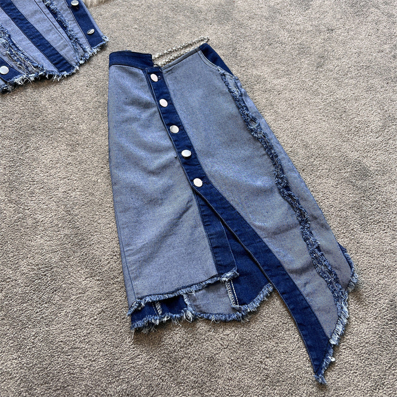 Ensemble jupe courte irrégulière en denim Desire Pure Wind avec haut tube et taille haute