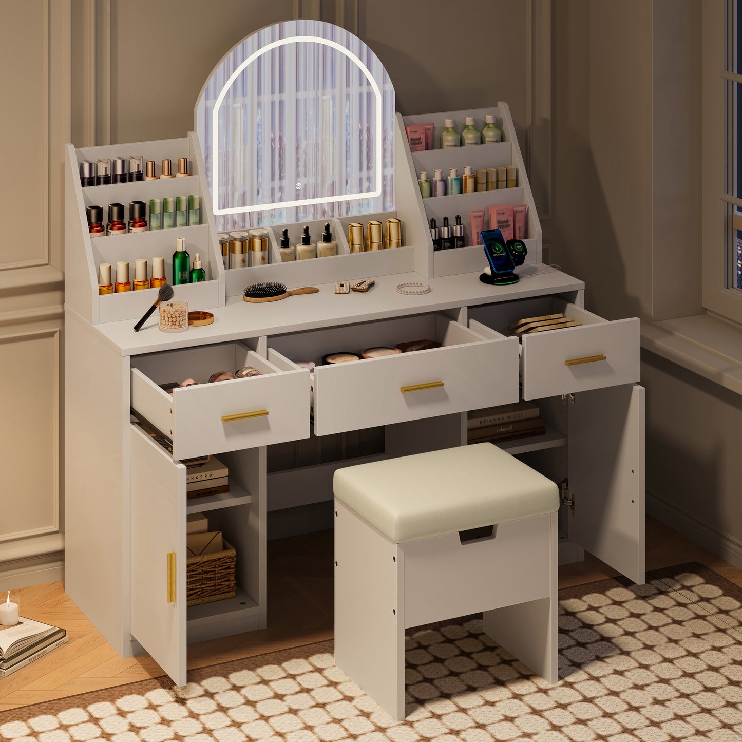 47.2 Makeup Vanity With Mirror And Light, Vanity Desk With Cushioned Storage Stool, Dressing Table With Two Organizers,3 Drawers And 2 Cabinets For Bedroom, White