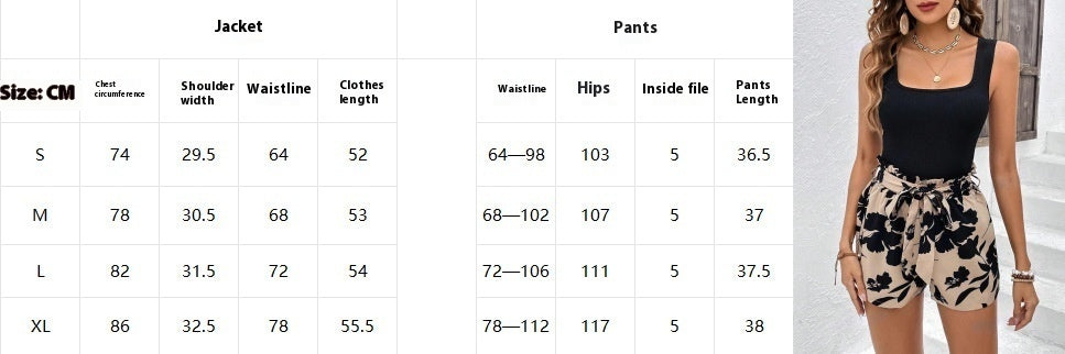 Ribbed Vest Floral Print Shorts Casual Suit
