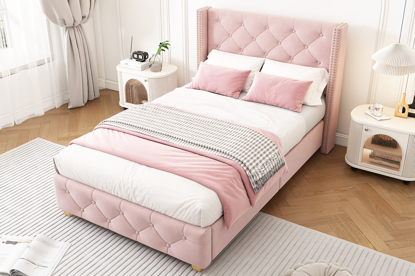 Upholstered Bed,Single Bed-3ft 90x190cm ,With Slatted Frame And Headboard, Button Upholstery, Rivet Upholstery, Wooden Legs, Velvet, Pink