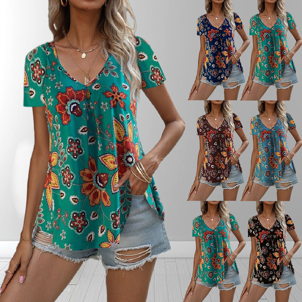 Women's Multicolor V-Neck Printed Short Sleeve T-Shirt