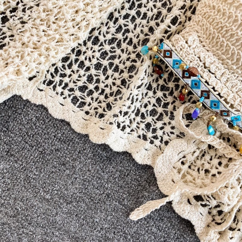 Cardigan, veste, taille haute, short crocheté, costume décontracté pour les vacances à la plage et les sources chaudes