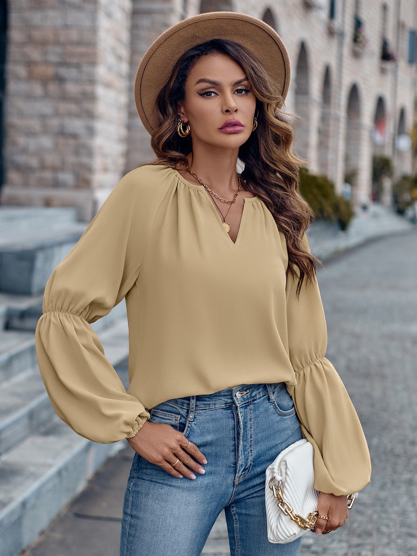 Solid Color And V-neck Loose Casual Women's Top