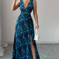 Womens Sexy Deep V-Neck Sleeveless Printed Dress With Slit Hem And Pleats