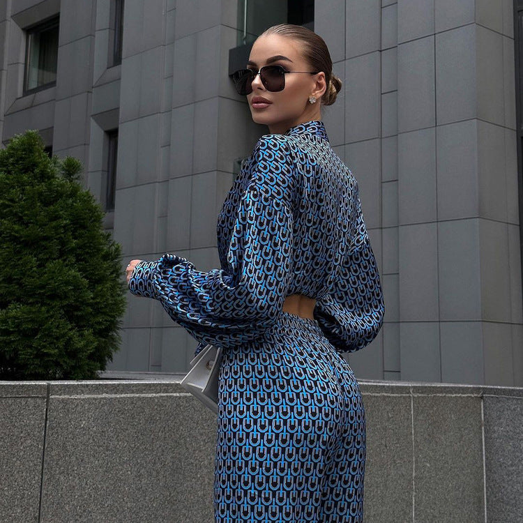 Printed Long Sleeve Lapel Shirt Drooping Wide-leg Pants Fashion Two-piece Suit