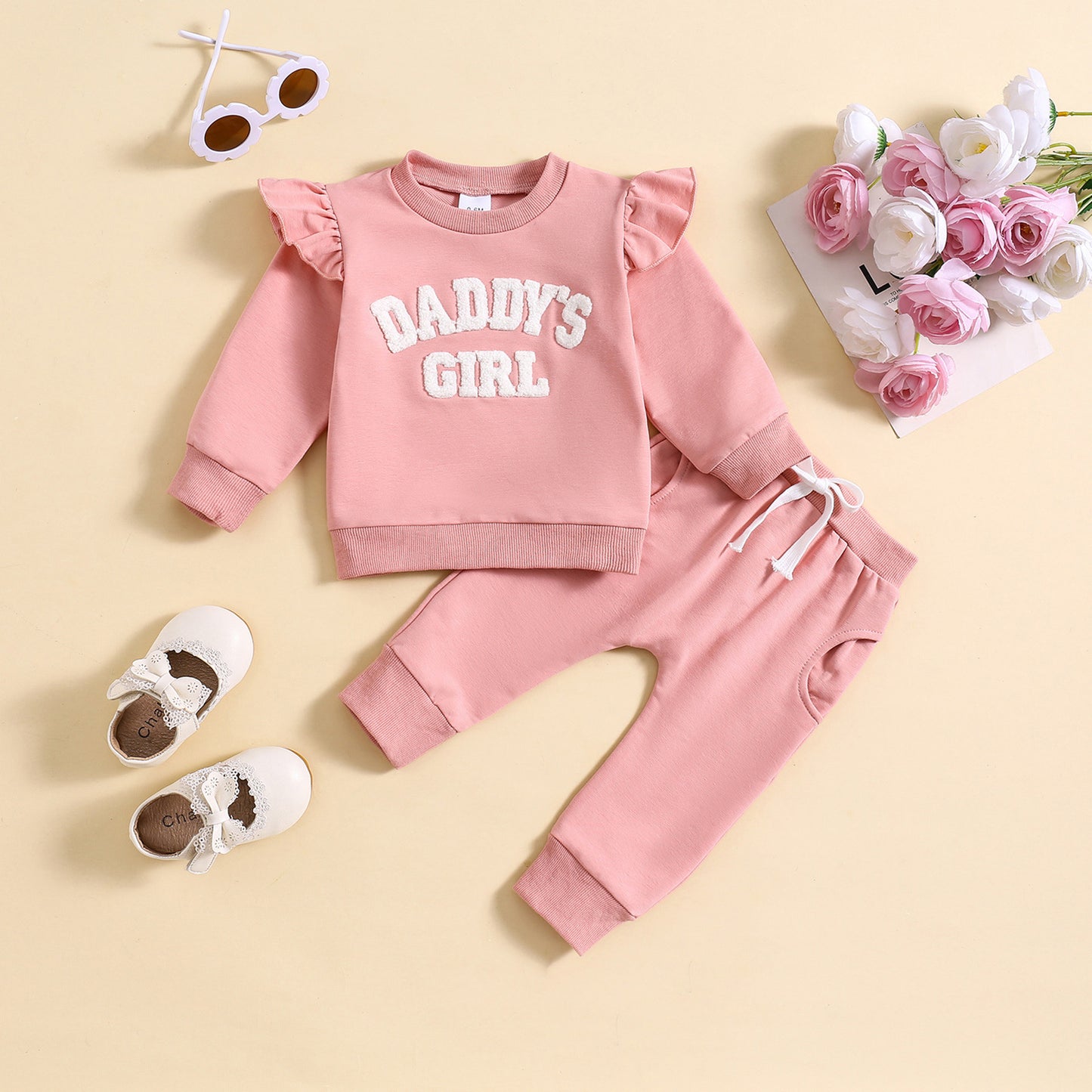 Children's Suit Baby Girl Flounced Sleeve Letter Embroidered Sweater Trousers