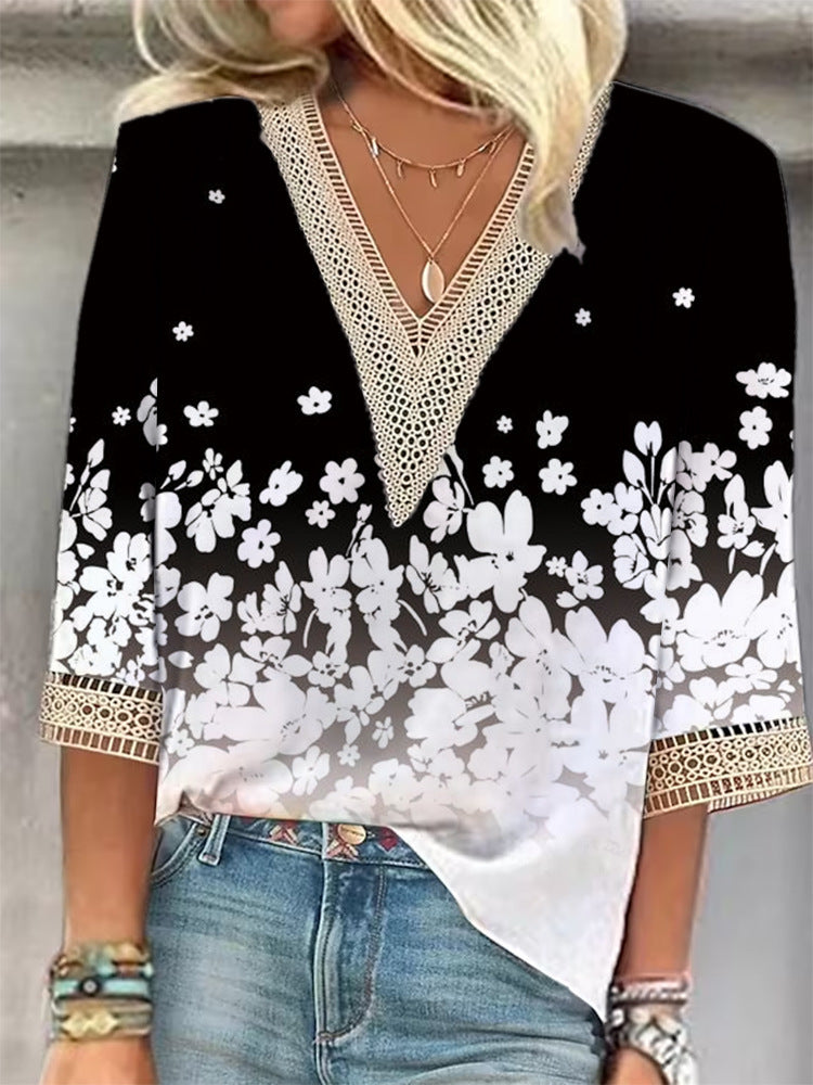 European And American Popular Fashion Loose Multi-color Floral Print Stitching Lace Half Sleeve V-neck Top