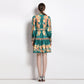 New Vintage Print Lapel Fashion Lantern Sleeve High Waist A- Line Skirt