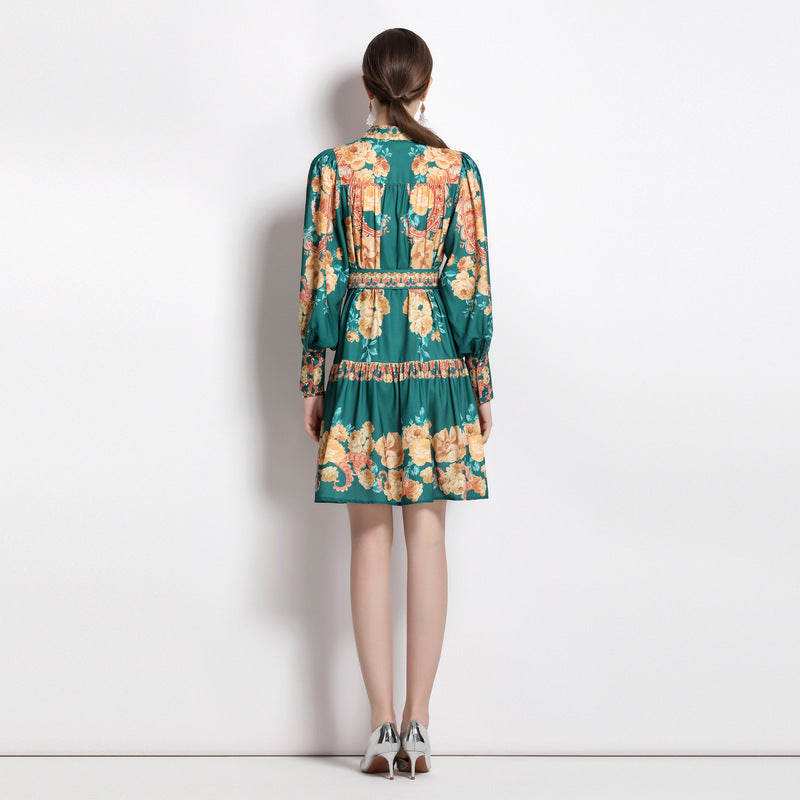 New Vintage Print Lapel Fashion Lantern Sleeve High Waist A- Line Skirt
