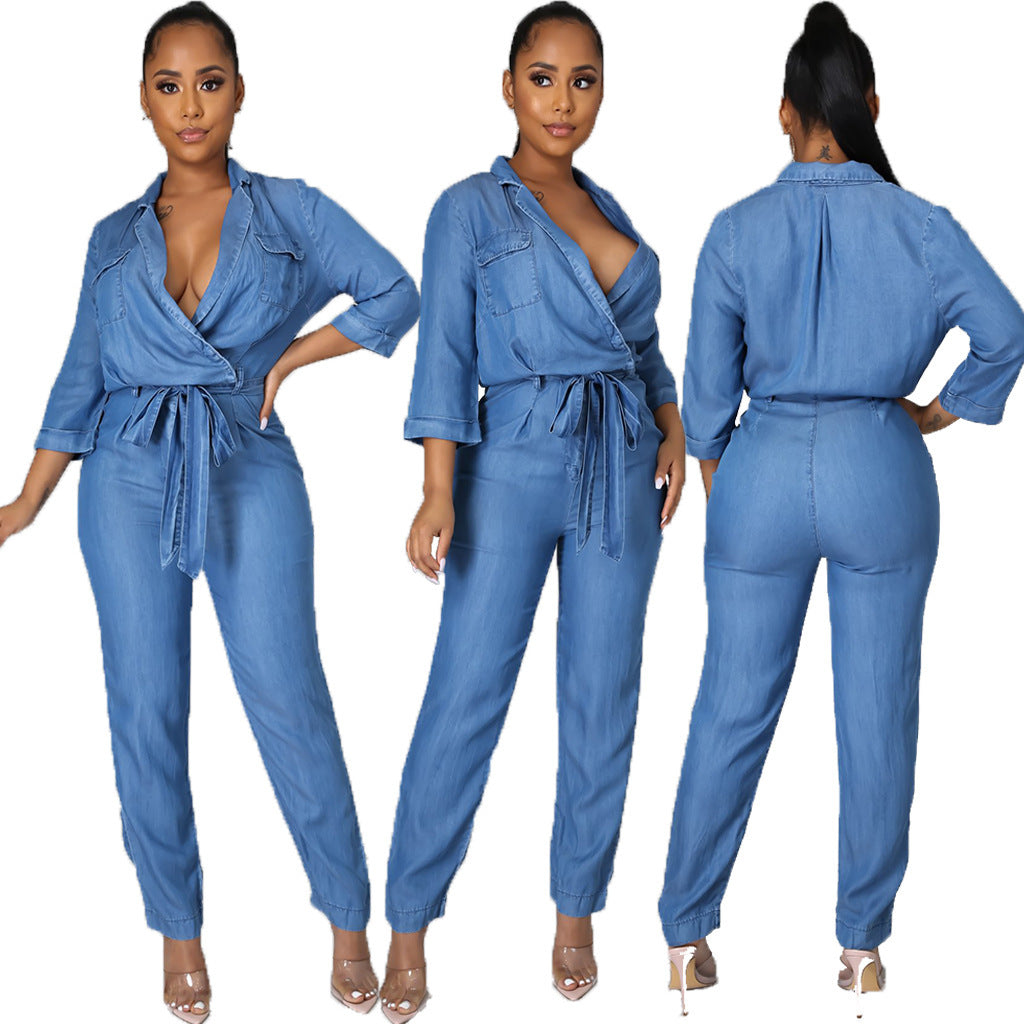 Fashion Denim Long Sleeve Women's Slim Fit Jumpsuit