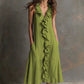 Solid-color Sleeveless Cotton-Linen V-Neck Maxi Dress With Ruffled Hem