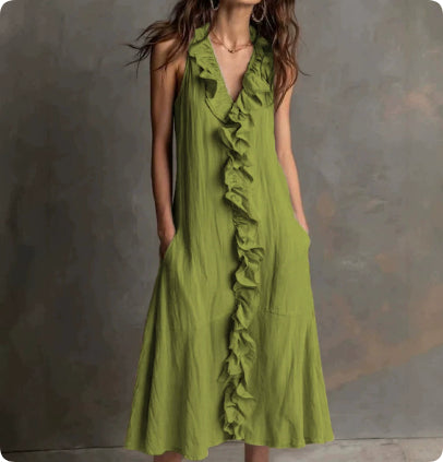 Solid-color Sleeveless Cotton-Linen V-Neck Maxi Dress With Ruffled Hem
