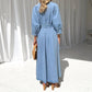 V-neck Lace-up Waist Trimming Casual Button Denim Dress