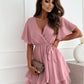 European And American V-neck Cross Straps Mini Skirt Ruffled Hem Chiffon Dress