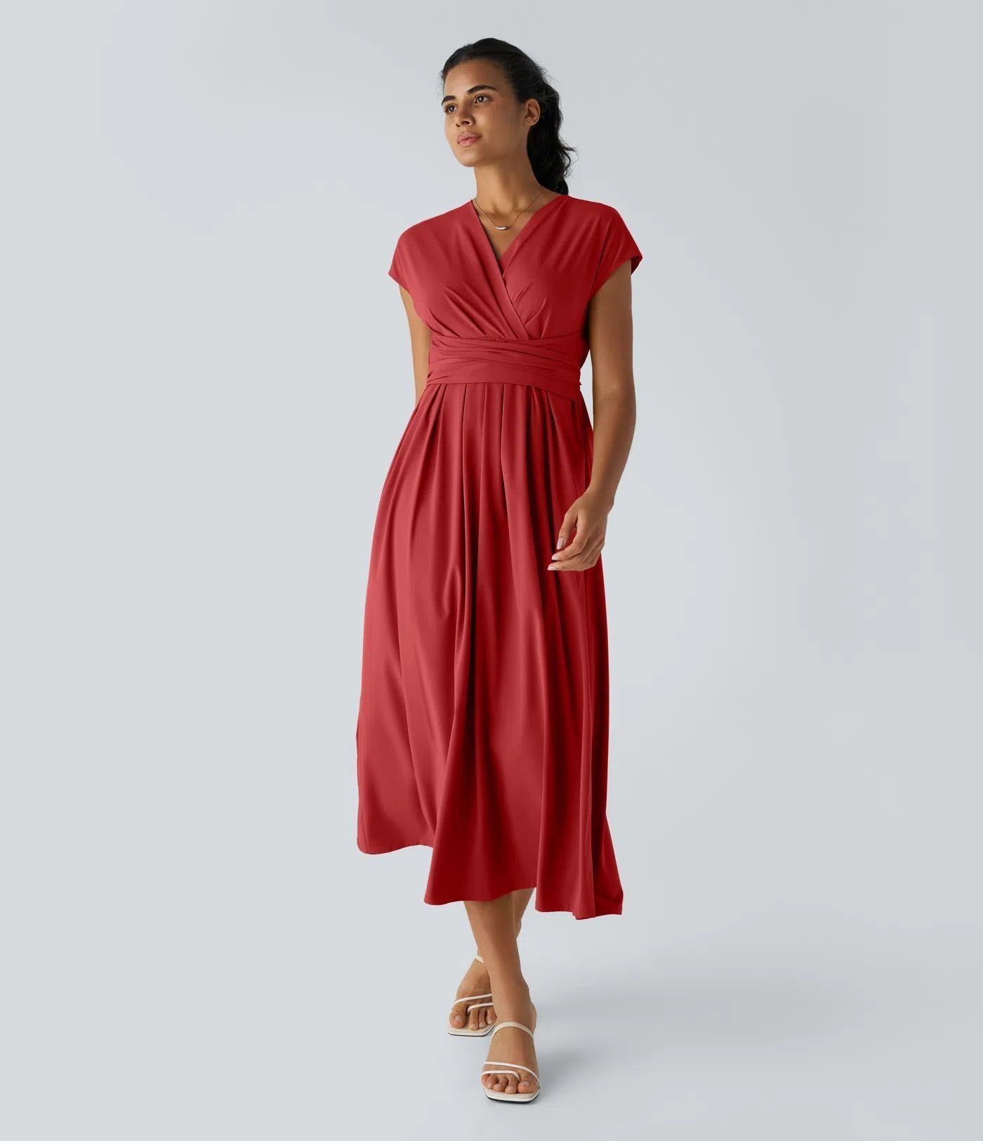 Solid Color Overlapping V-neck Short Sleeve Side Pocket Lace-up Quick-drying Mid-length Casual Dress
