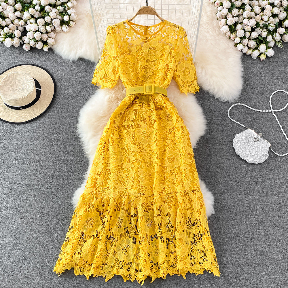 Summer Ladies Round Neck Crocheted Hollow Lace Dress