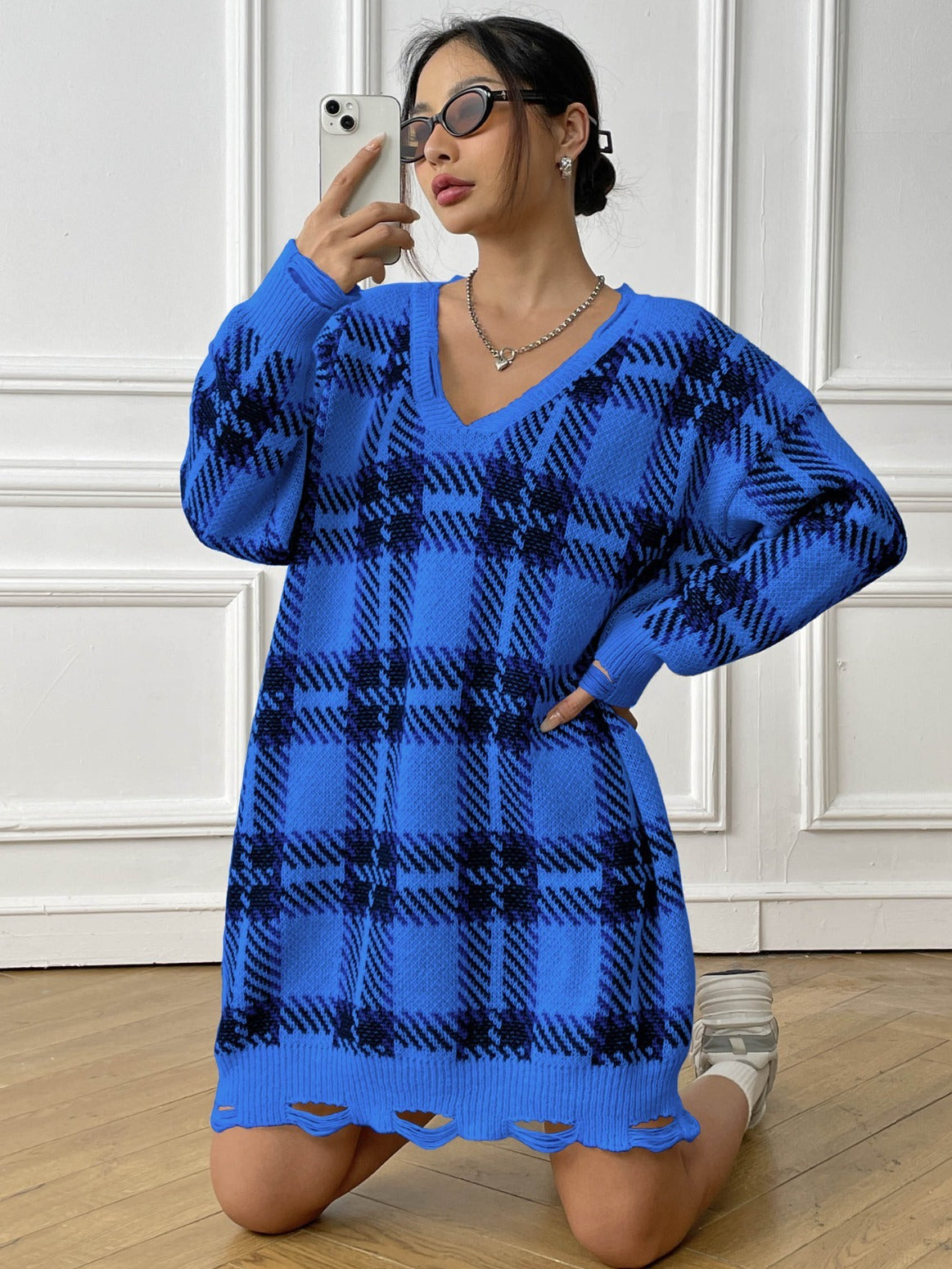 Robe à carreaux à col en V, décontractée, ample, à manches longues, vêtements pour femmes, automne et hiver