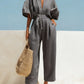 Fashionable V-Neck Solid Color Cotton-Linen Jumpsuit For Women