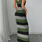 Striped Contrast Color Suspender U-neck Dress Long Knitted Dress