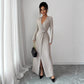 Solid-color Sexy V-neck Long-sleeve High-slit Dress