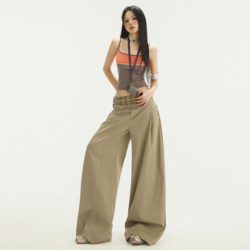 Stitching Waist Head Plaid Casual Pants Loose Wide-leg Pants