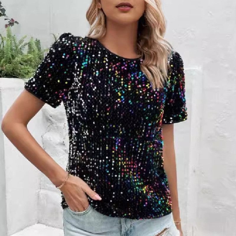 Women's Fashion Personalized Sequined Round Neck T-shirt