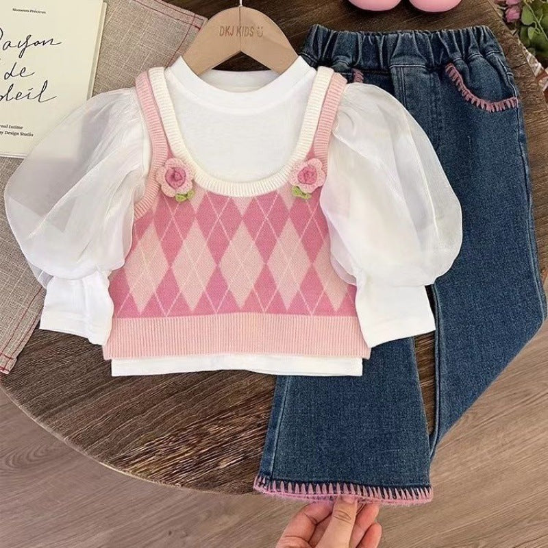 Chemise de poupée pour fille, nouveau gilet tricoté d'automne, costume trois pièces d'automne