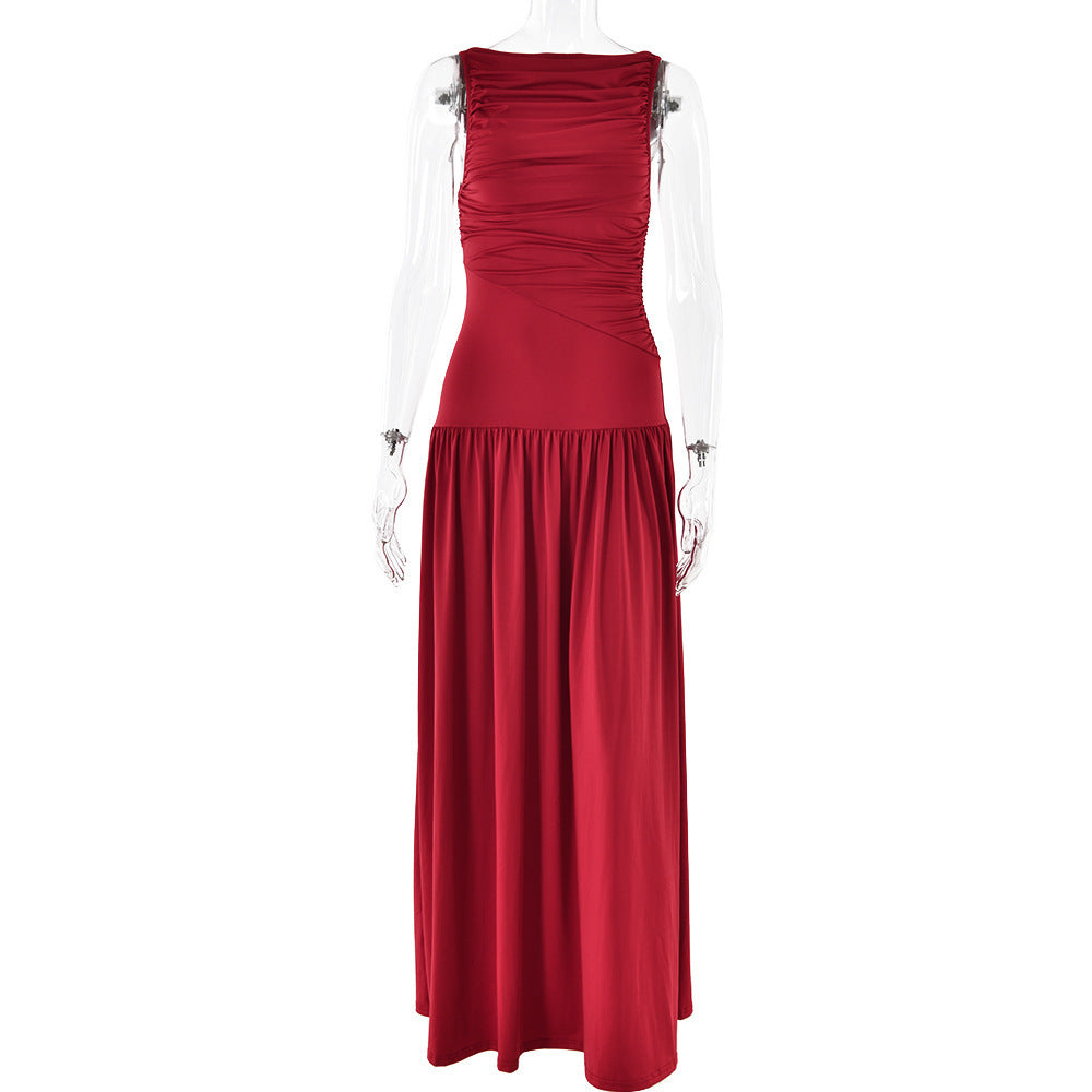 Sleeveless Pleated Slim Solid Color Dress