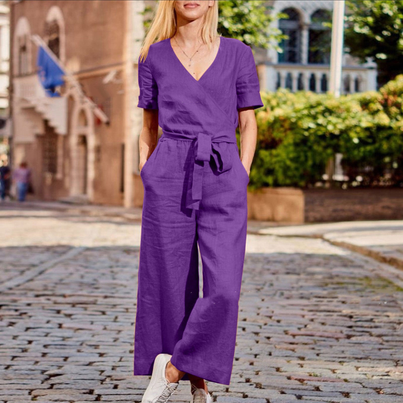 Spring And Summer New Short Sleeve Solid Color Casual Loose One-piece Trousers