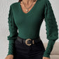Elegant Rib V-neck Sleeve Chiffon Stitching Long Sleeve T-shirt Slimming Top