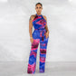 Women's Printed Sleeveless Lace-up Jumpsuit Trousers