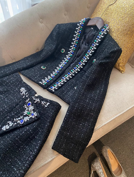 Diamond Blue And Fruit Collar Short Tweed Coat Short Skirt