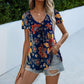 Women's Multicolor V-Neck Printed Short Sleeve T-Shirt