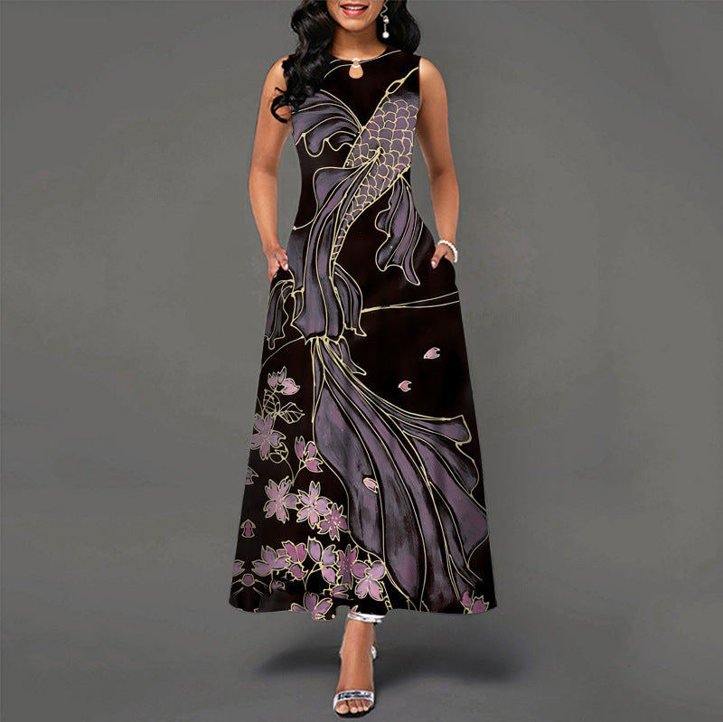 Womens Printed Crew-Neck Sleeveless Tank Dress