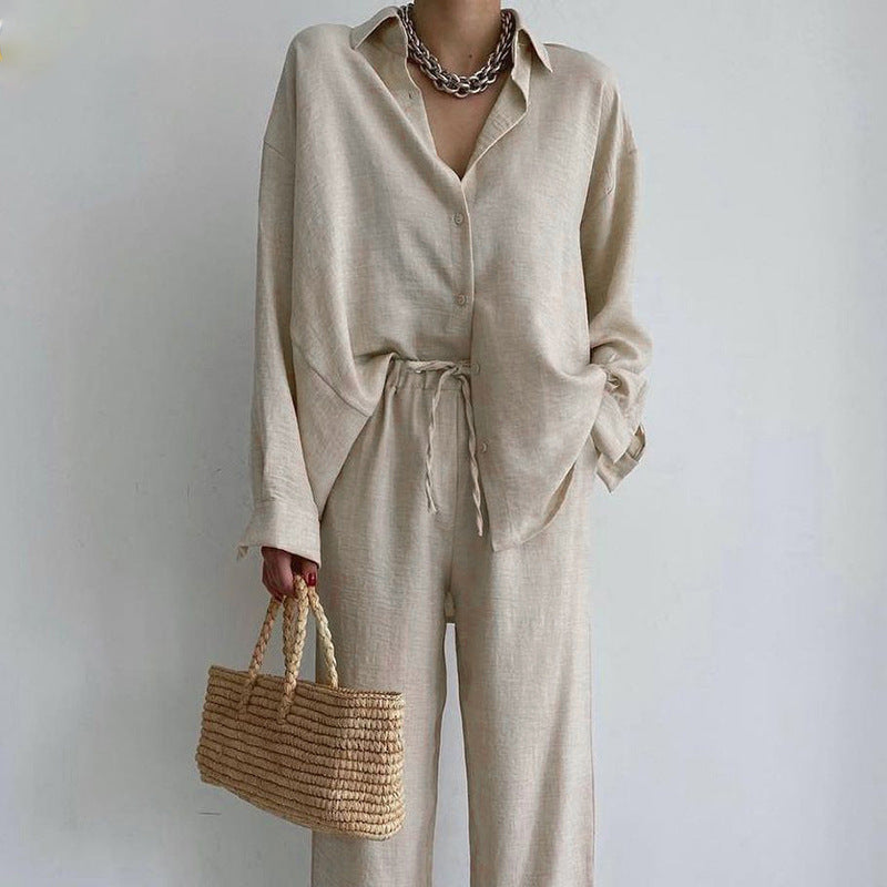 Ensemble deux pièces haut à manches longues et pantalon droit de couleur unie