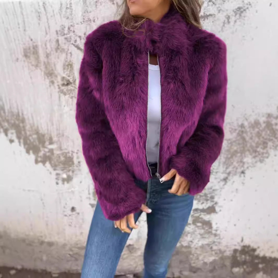 Veste en peluche à col montant tendance pour femme, manteau d'hiver décontracté à col roulé et fermeture éclair, polaire