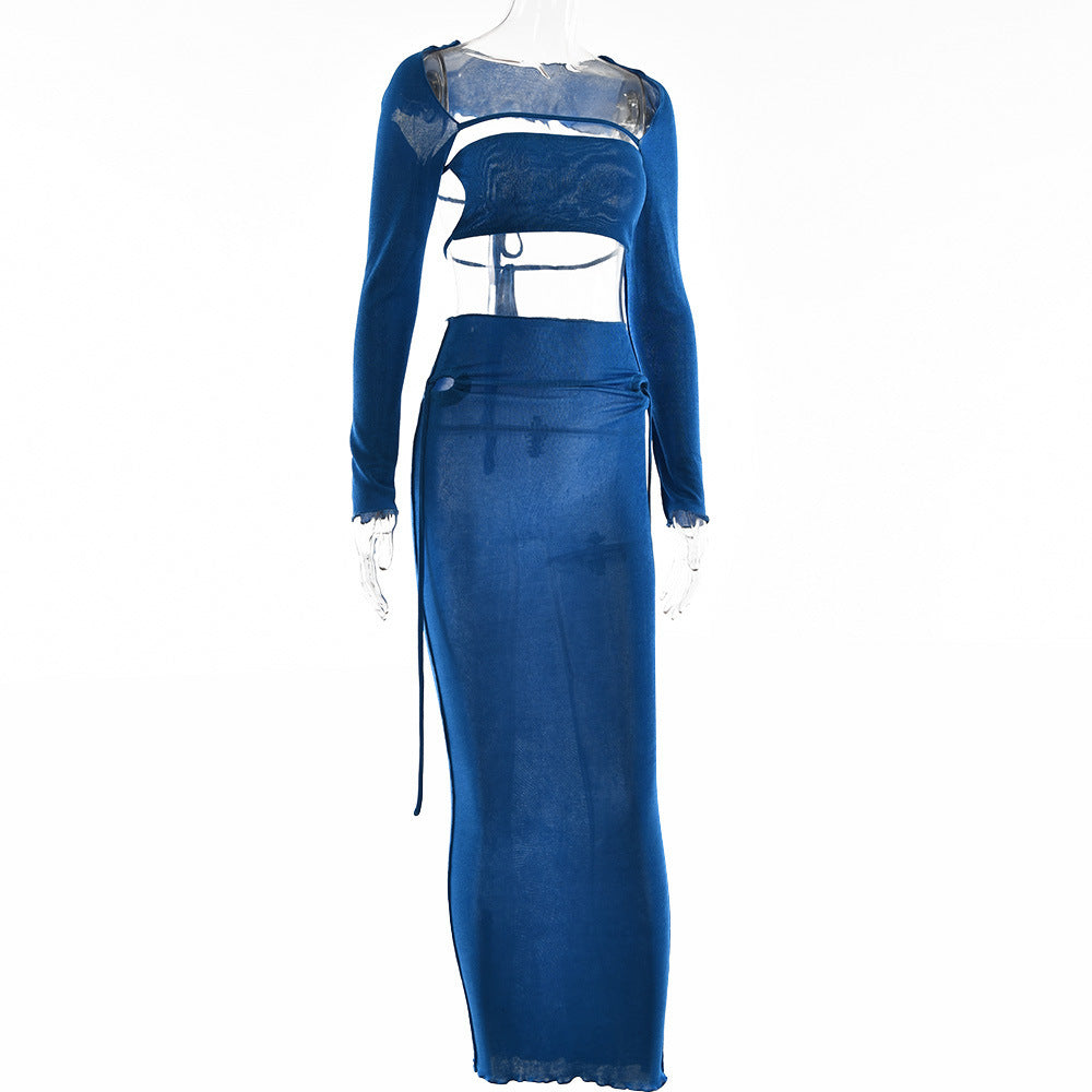 Women's Tube Top Suit Autumn New Fashion Long Sleeve Backless Lace Up Long Skirt Three-piece Set