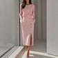 Long-sleeved Round Neck Waist-tie Button-decorated Slit Women's Dress