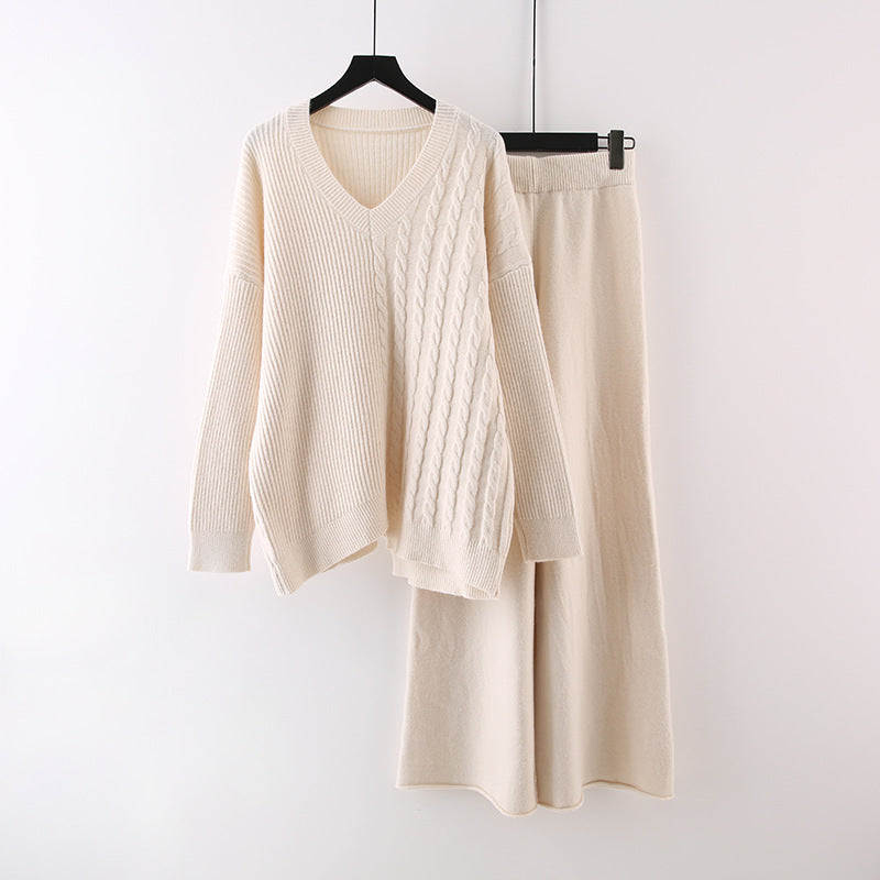 Pull uni à col en V, nouvelle collection automne-hiver, ample, décontracté, tricoté, pantalon large assorti, costume deux pièces