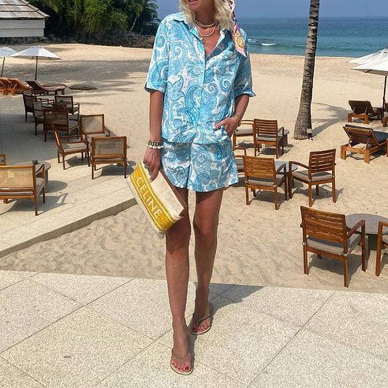 European American Fashion Floral Print Vacation Short Sleeve Shirt Shorts Two-piece Suit