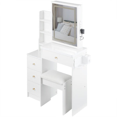 29.2 Small Size Left Bedside Cabinet Vanity Table   Cushioned Stool, 2 AC  2 USB Power Station, Hair Dryer Bracket  Extra Large Touch Control Sliding LED Mirror, Tri Color Switching, Brightness Adjust
