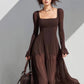 Womens Solid-Color Long-Sleeve U-Neck Dress