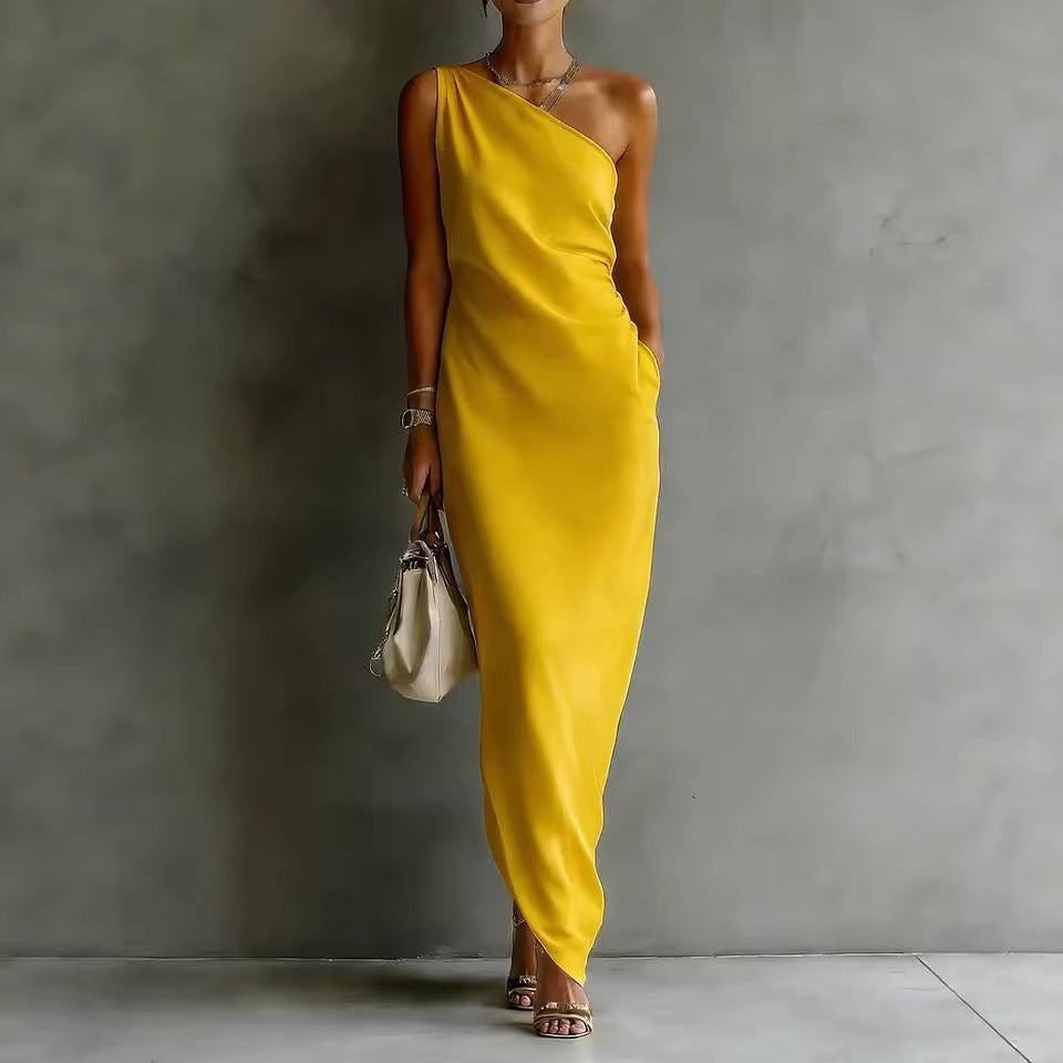 Elegant Satin Off-shoulder Draping Slim-fit Maxi Dress