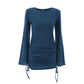 Robe tricotée à rayures noires pour femme, élégante, à manches évasées, taille haute, style européen et américain, automne et hiver