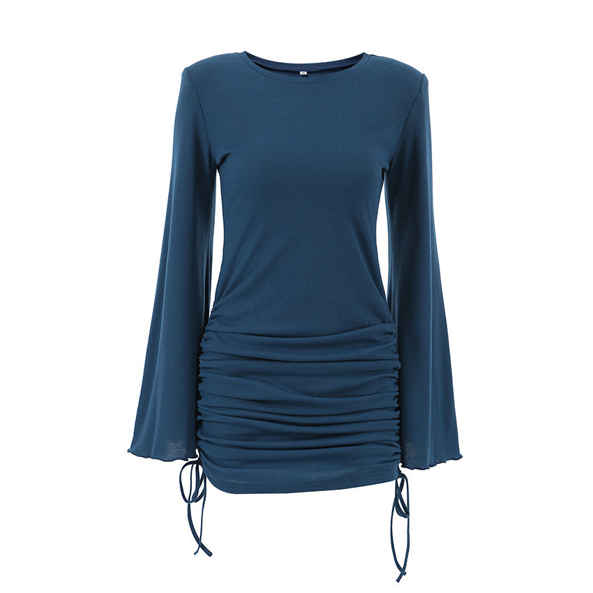 Robe tricotée à rayures noires pour femme, élégante, à manches évasées, taille haute, style européen et américain, automne et hiver