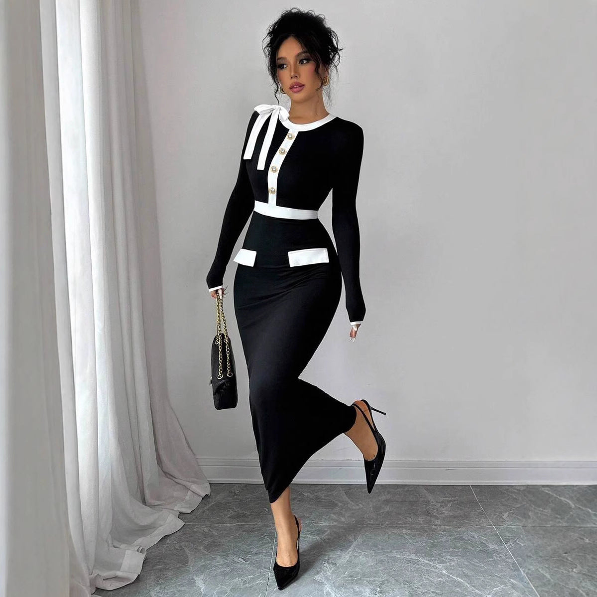 Black And White Womens Dress With Polyester Patchwork