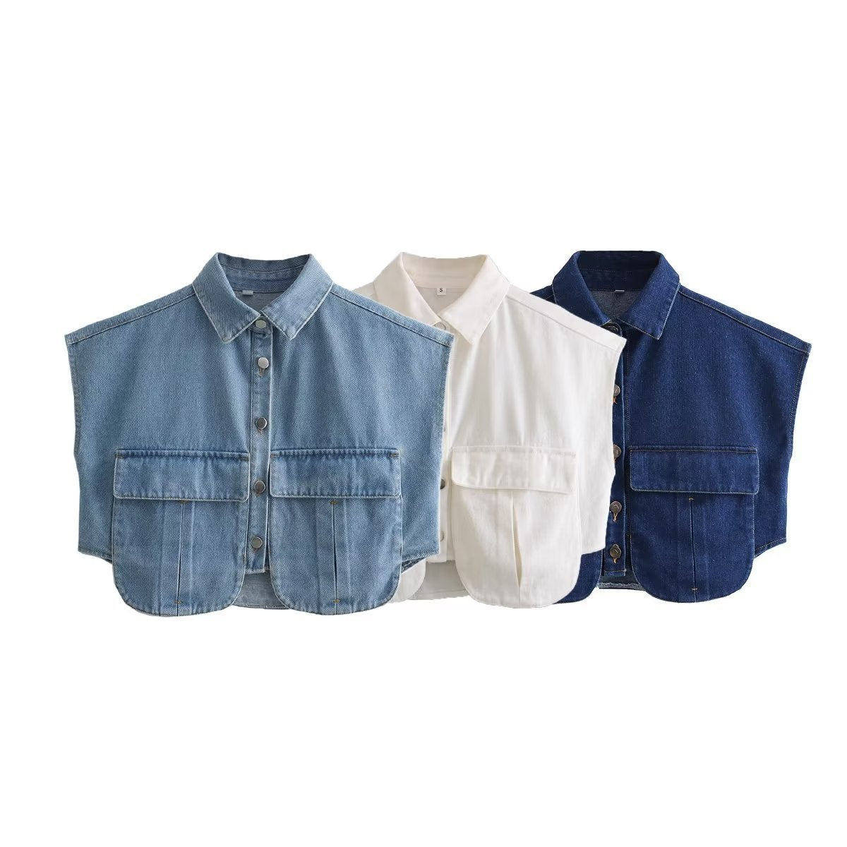 Fall Women's Clothing Double Pocket Decorative Denim Top