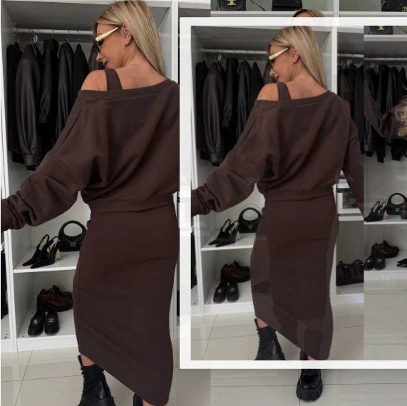 European And American Women's Clothing Vest Skirt V-neck Sweatshirt Sweater Set